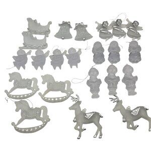 Set Of 18 Frosted Christmas Ornaments: Rocking Horses Sleighs Angels & More
